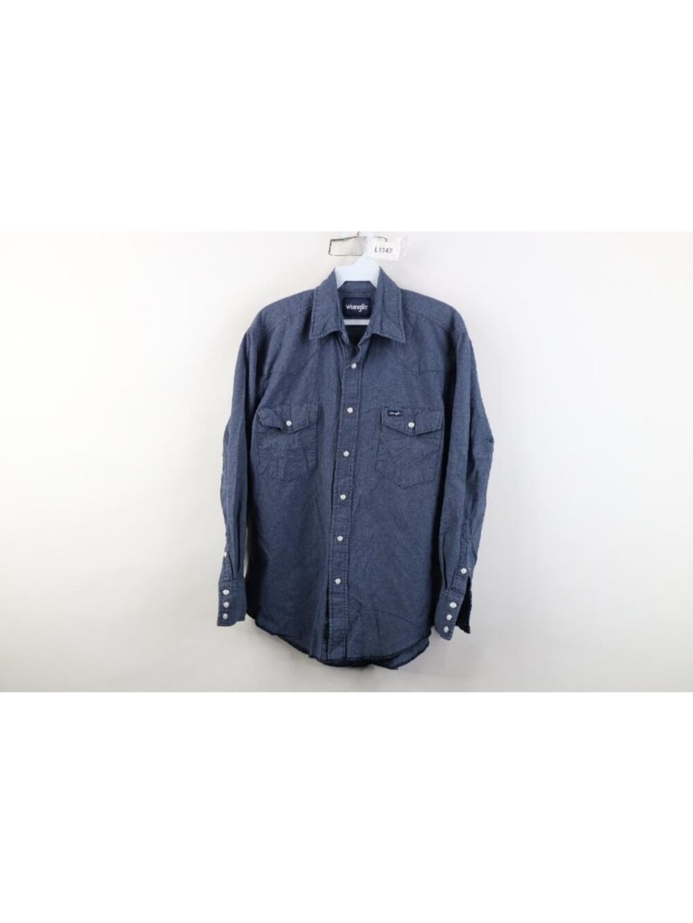 Vintage 90s Wrangler Mens Medium Chambray Western Cowboy Snap Button Shirt Blue